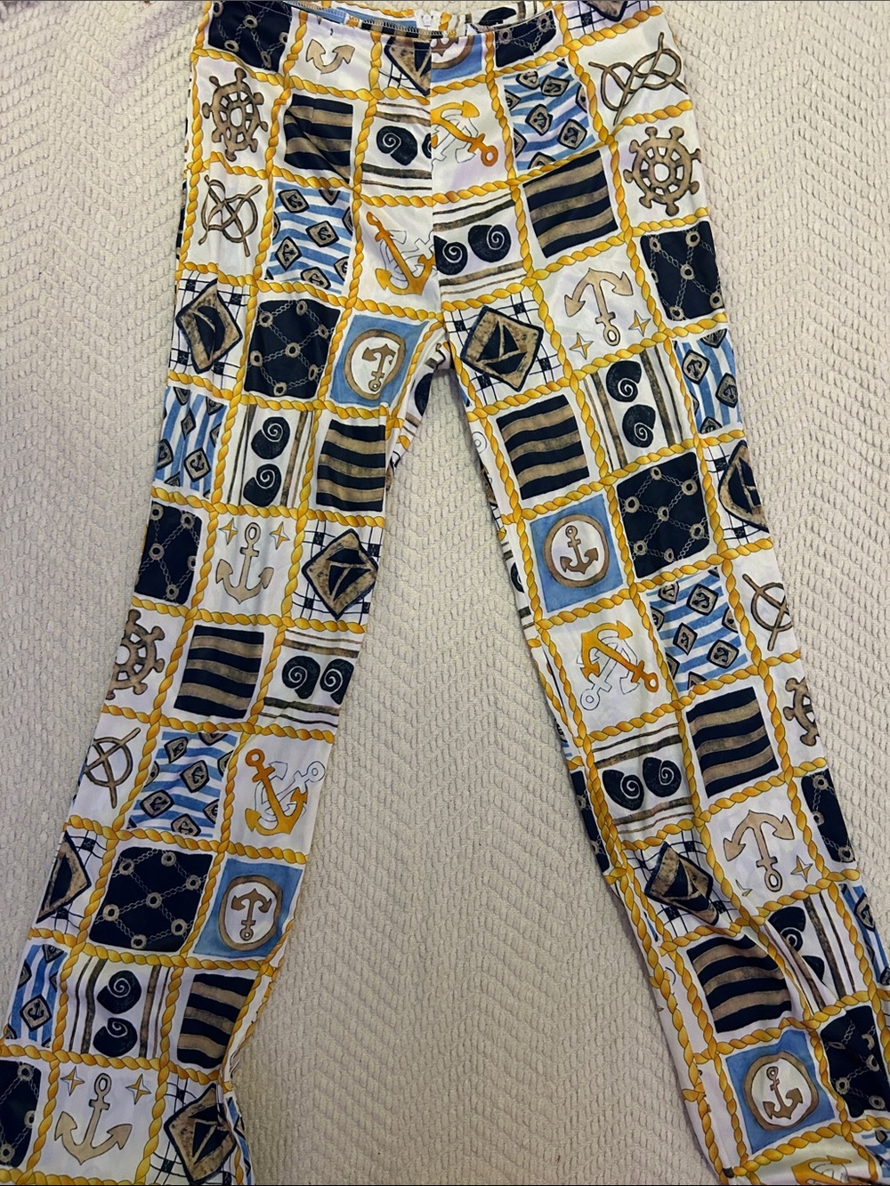 Nautical Print Flare Pants — White, Blue & Gold